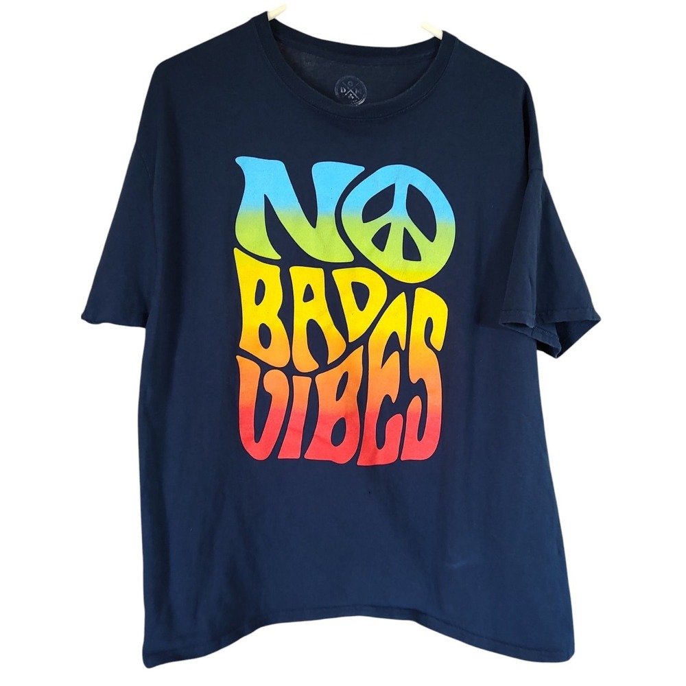 DOM No Bad Vibes Tee Shirt Black Navy Graphic Peace Logo Mens Extra Large SEE